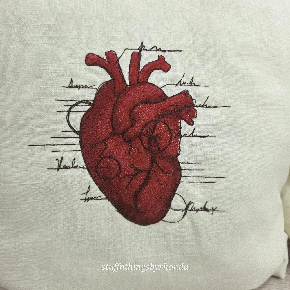 Set Of 2 Machine Embroidered Spooky Halloween Pillows Anatomical Heart And Skull